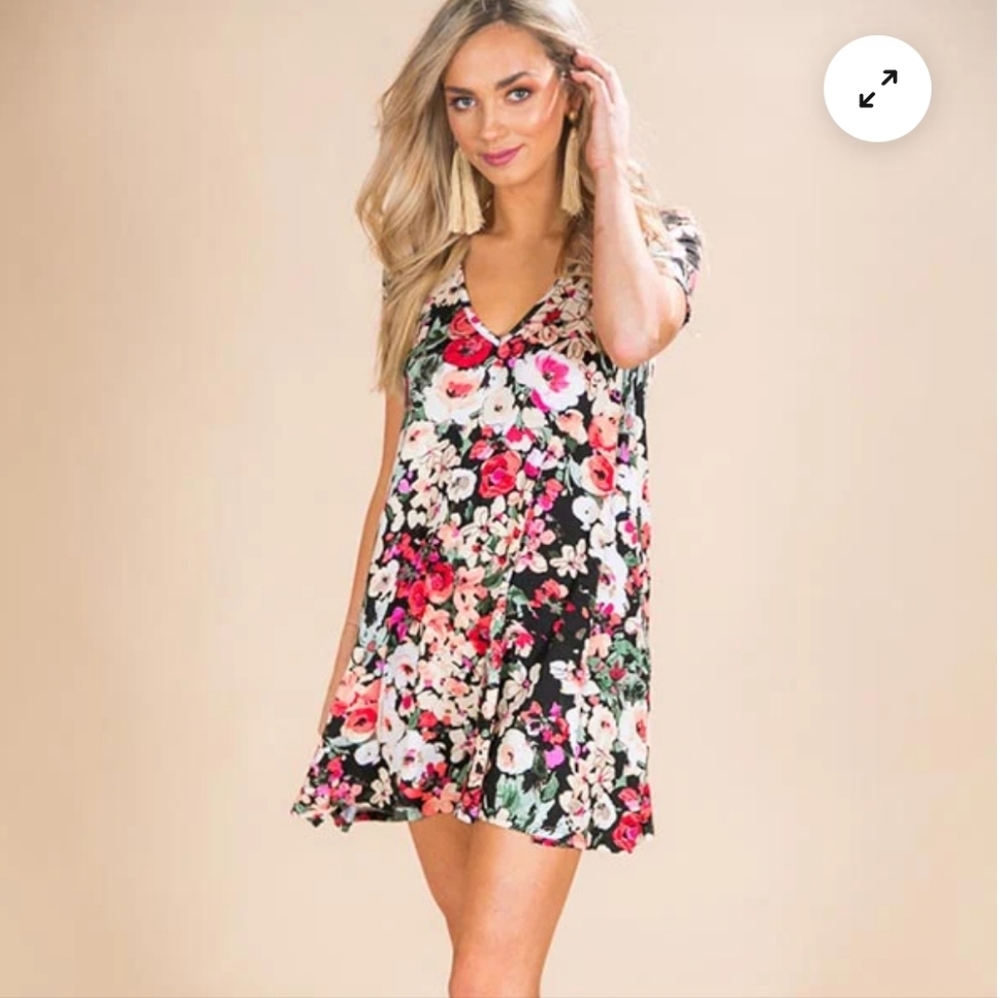 Cherish Black Pink Floral Mini Dress Flutter Sleeves V-Neck Babydoll M